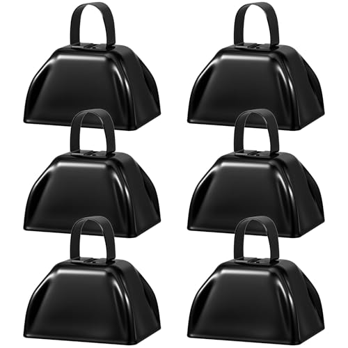 6 Pcs 3 Inch Metal Cowbells Noise Maker Hand Percussion Cow Bells with Handles for Sporting Events Cheering Noisemakers Weddings Team Spirit Sports Party Favors (Black) - color: Black