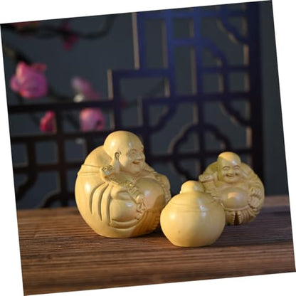 Hand-Carved Maitreya Buddha Wooden Decoration Small Desktop Ornament Unique Boxwood Sculpture for Home Zen and Spiritual Table Adornment Stable Flat Bottom Design