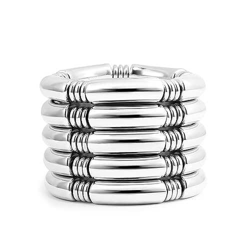 Gold Chunky Bangles Bracelets For Women 14k Gold Plated Stack Layered Curved Bamboo Tube Stretch Bracelets Gift Jewelry - color: 5pcs Silver