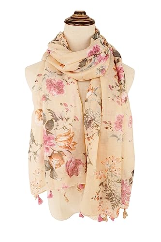 YOUR SMILE Large Boho Scarf for Women Lightweight Floral Printed Scarves Fall Winter Fashion Fringed Shawl wraps - color: 14 Beige Flower