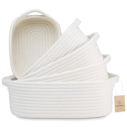 5-Piece Rectangle Storage Basket Set- Natural Cotton Rope Woven for Organizing! Small Basket for Montessori, Baby Nursery, Dog Toy Baskets, Cat Toy Box, Bathroom Organization Bin - color: Off White