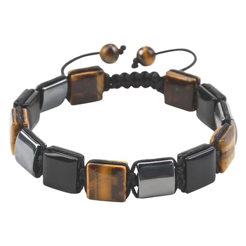 Square Natural Stone Unisex Adjustable Bracelet - Handmade with Natural Stons - Square Healing Crystal Bead Bracelet - color: Black&Tan