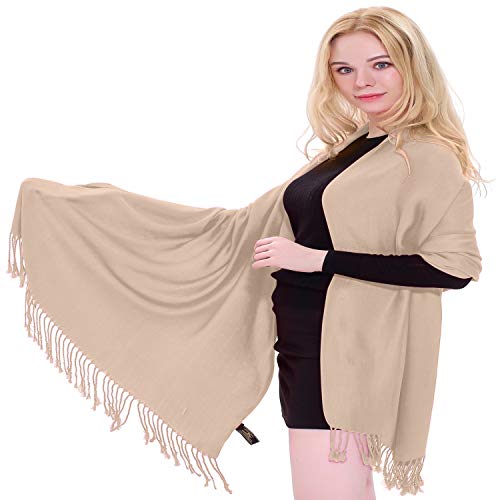 CJ Apparel Solid Color Tassels Design Nepalese Shawl Scarf Wrap Stole Throw Head Wrap Pashmina Gift Hand Made in Nepal New - color: Champagne Pink