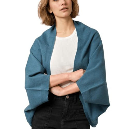 WaJuemy Shrug Sweater Shawl Wraps for Women Soft Cashmere Ponchos Sweater Cardigan Casual Open Front Top Cape Shawls - color: 09 Turquoise