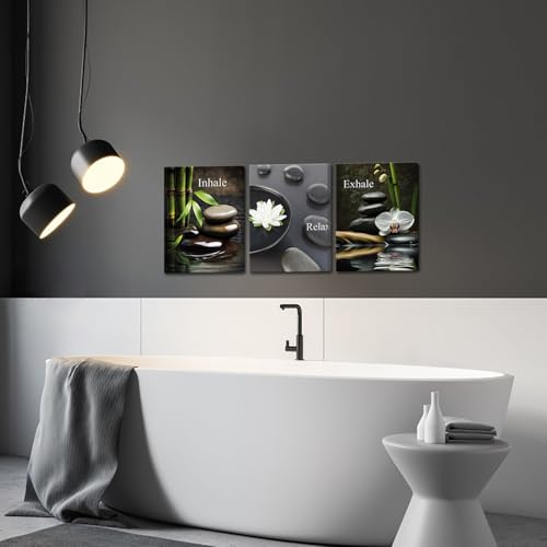 FuShvre Zen Wall Art for Bathroom Zen Stone Bamboo Lotus Orchid Flower Pictures Still Life Prints for Zen Meditation Room Wall Decor Framed 12x16 inch each piece (small) - size: 16"L x 12"W