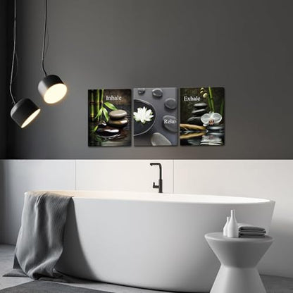 FuShvre Zen Wall Art for Bathroom Zen Stone Bamboo Lotus Orchid Flower Pictures Still Life Prints for Zen Meditation Room Wall Decor Framed 12x16 inch each piece (small) - size: 16"L x 12"W