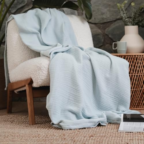 Goqan Muslin Blanket Twin 55x79 – 100% Turkish Cotton 4 Layer Boho Muslin Blanket for Adults, Four Season, Lightweight and Thin, Soft, Breathable, for Bed, Couch - Aqua Green - color: Aqua Green, size: Twin (55"x79")