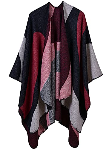 Women's Shawls and Wraps Open Front Poncho Cape Winter Sweater - color: L3-cherry