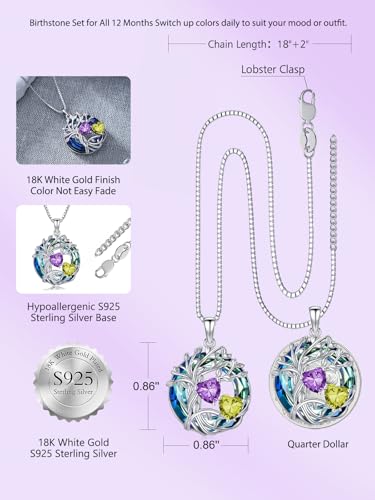 TOUPOP s925 Sterling Silver Family Celtic Tree of Life Pendant Necklaces with 2 Heart Birthstone with Blue Austrian Crystal Jewelry Birthday Valentines Day Gifts for Her, Anniversary Christmas Gifts for Wife Girlfriend Mom (18K Real White Gold Filled) - c