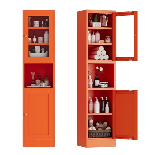 COFaR 67" Tall Narrow Bathroom Storage Cabinet, 6-Tier Metal Pantry Cabinet with Adjustable Shelves and 2 Glass Doors, Linen Cabinets for Bathroom, Living Room, Home Office, Kitchen, Orange - color: 2-door Orange_glass
