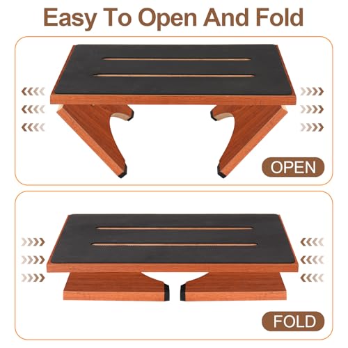 Step Stool Foldable, Wooden Step Stool with Non-Slip Rubber Stepping Feet, Folding Platform Step Stools for Adults Seniors in Kitchen, Home, Bedroom, Office, Rv, Easy to Carry,450 LBS Capacity (Brown)