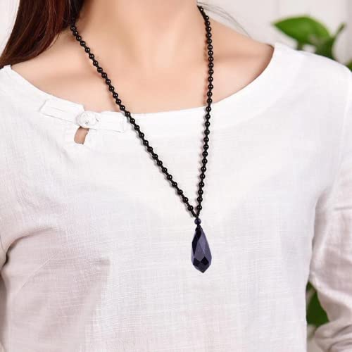 Black Obsidian Necklace Protection Pendant with Extended Bead Chain Healing Crystal Stone Amulet Necklace for Men Women - color: Angel Tear-Blue Sandstone
