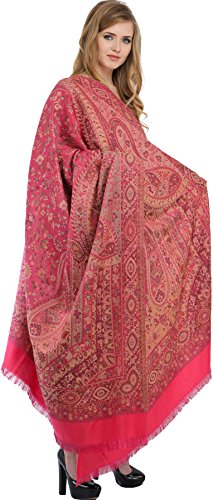 Exotic India Reversible Jamawar Shawl with Woven Paisleys - Wool - color: Hot Pink