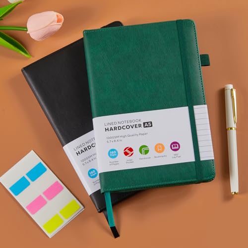 2 Pack Lined Journal Notebook, A5 (5.7"x8.4") Journaling Notebooks for Women Men Writing Work, Black Leather Hardcover, 160 Pages, 100GSM Paper, Daily Journal College Ruled, School Office Supplies - color: Black