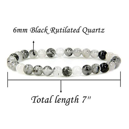 Angelstones Handmade Natural Healing Gemstone 6mm Round Beads Stretch Crystal Bracelet 7 Inch Unisex - color: Black Rutilated Quartz