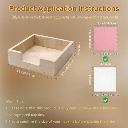 Cocktail Napkin Holder,Travertine Stone Napkin Holders Fit for 5”x5” Cocktail-Sized Napkins,Stone Napkin Holder for Table Kitchen Counter Dining Room Party Bar Decor,Beige - size: 6.3 x 6.3 Inch