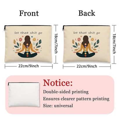 Meditation Floral Cosmetic Bag, Bohemian Chic Zen Makeup Pouch for Women, Portable Canvas Zip Organizer, Mindfulness Gift for Spring 7x9 Inch