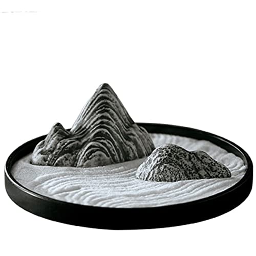 Desktop Decoration Dry Mountain Japanese-Style Zen Decoration Tea Ceremony Porch Study Room Model Room Decoration Ceramic Rockery Round Tray Desktop Decor for Office