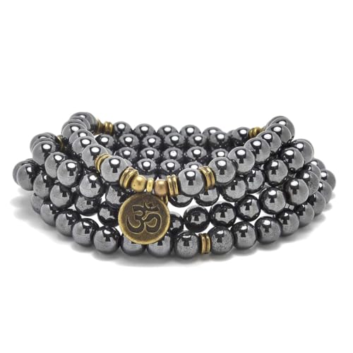 108 Natural Stone Mala Beads Yoga Jewelry Meditation Bracelet Necklace with om Charm - style: Hematite