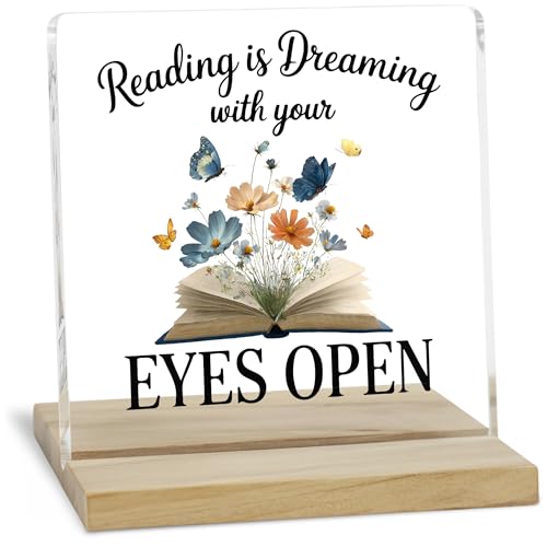 Book Lover Gifts Desk Decor Sign, Reading Is Dreaming With Your Eyes Open Acrylic Plaque - color: Reading