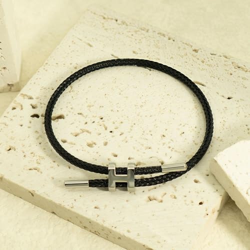 OSIRIDEH2 Bracelet with Adjustable Design Polished H Shape Buckle, Bracelets for Women, 18k Gold-plated Buckle Design Titanium Steel Wire Rope Women's Gift Jewelry - color: Black Silver