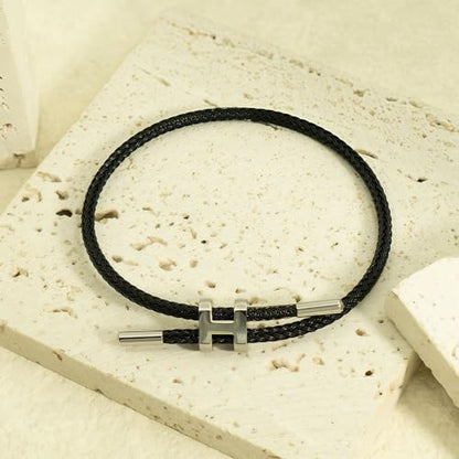 OSIRIDEH2 Bracelet with Adjustable Design Polished H Shape Buckle, Bracelets for Women, 18k Gold-plated Buckle Design Titanium Steel Wire Rope Women's Gift Jewelry - color: Black Silver