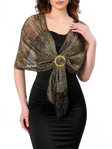 Sumolux Shawls Wraps for Evening Dresses Metallic Glitter Shawls Scarf for Women Sparkling Wedding with Free Buckle - color: Black With Gold Threads