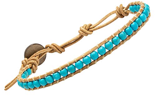 Infinityee888 Leather Bracelet Light Brown Wrap Beads Natural Stone Adjustable for Men Women Teen Yoga Handmade Bohemian Gypsy Boho - color: Blue