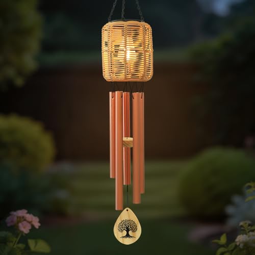 Solar Wind Chimes with Rattan Lantern Outside Lighted Wind Chime for Garden, Patio, Yard – Decor for Festivals/Birthday/Christmas, fot Women Men Home Garden Patio Decor - color: Copper