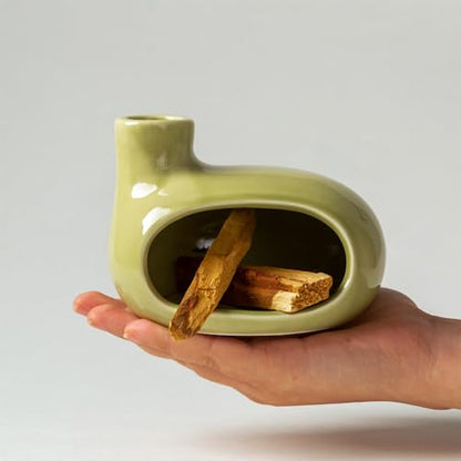 MOUGIGI Palo Santo Holder Burner - Modern Chiminea Incense Dish for Palo Santo Sticks and Cones - Ceramic Meditation Gift with Natural Polished Surface - Perfect for Yoga, Aromatherapy - color: Glazed Ceramics - Emerald Green