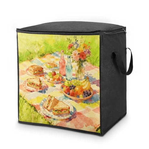 Picnic Party Painted Collage Storage Bag Portable Closet Organizer Storage Bags Quilt Storage Bags with Zippered Breathable Storage Bag with Carry Handles for Blanket Pillow Bedding