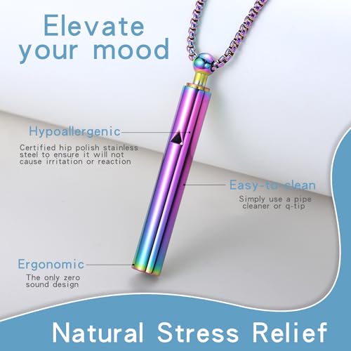 Anxiety Breathe Easy Necklace Mindfulness Breathing Necklace Breathlace Stainless Steel Pendant for Natural Calm & Stress Relief - color: Rainbow T