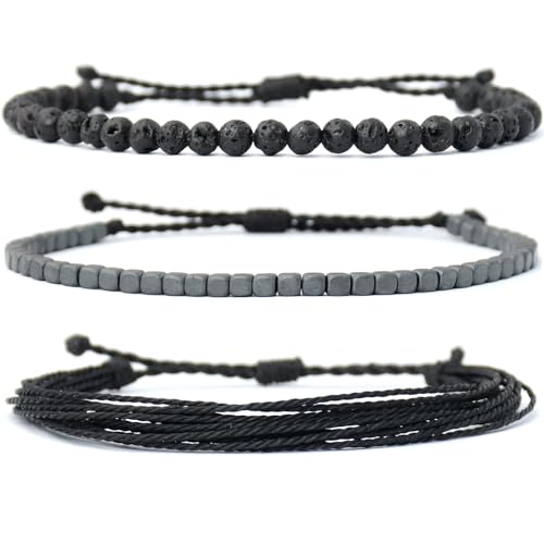 Mezcla Vida Handmade Natural Stone Beaded & Hematite Healing Bracelet Gift for Men-Set of 3 Stackable Adjustable Waterproof String Rope Bracelets