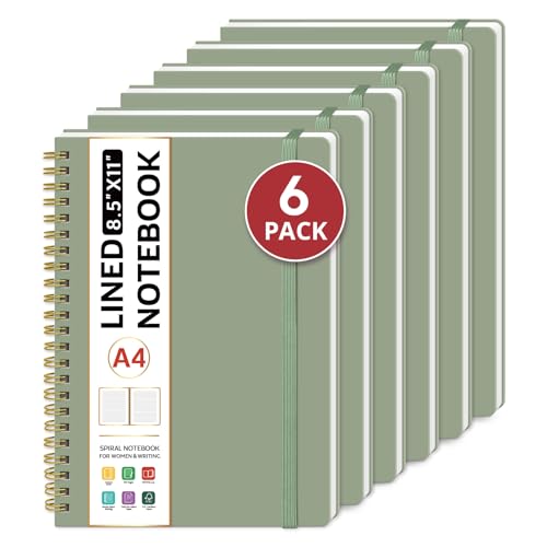 Taja Spiral Lined Notebook, 8.5"x11" Notebooks for Work, 6 Pack, Large A4 Journal for Women & Men, College Ruled Journaling Notebook for Writing, 6 Pcs, Plastic Cover Spiral Journal, Green - color: B-Green, style: A - Lined（6Pack）