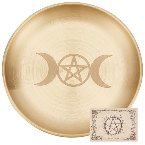CREATCABIN Pentagram Altar Plate Moon Tarot Plate Ritual Burning Candle Holder Bowls Offering Incense Aromatherapy Tray Ceremony Plate with Altar Card Home Decor for Witchcraft Wiccan Golden 5.55 Inch - style: Pentagram moon