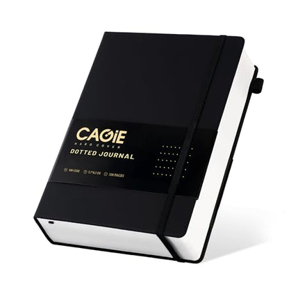 CAGIE Bullet Dotted Journal Notebook 320 Pages 100 GSM Paper Hardcover A5 Dot Grid Notebook Leather Journals for Writing Women Men Work Journaling, Black - color: Black, style: Dotted A5