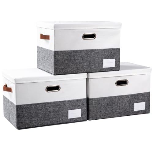 PRANDOM Foldable Storage Bins with Lids [3-Pack] Fabric Collapsible Storage Boxes Baskets Cubes Containers with Handles for Closet Living Room Bedroom (Grey & White 17.7x11.8x11.8'') - color: Grey & White, size: L(3-Pack)