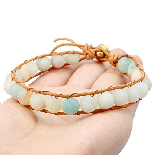 TUMBEELLUWA Stone Beads Bracelet Woven with Leather Cord Bohemian Style Healing Crystal Handmade Jewelry for Women Men