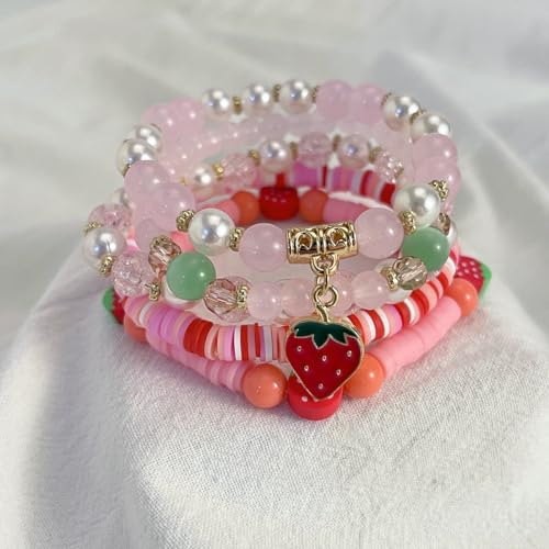 Healing Beads Bracelets for Women Men, Adjustable Natural Stone Beaded Bracelet Stackable Chain Stretch Jewelry Gifts - color: 5PCS Strawberry Beaded