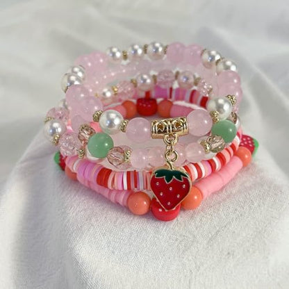 Healing Beads Bracelets for Women Men, Adjustable Natural Stone Beaded Bracelet Stackable Chain Stretch Jewelry Gifts - color: 5PCS Strawberry Beaded