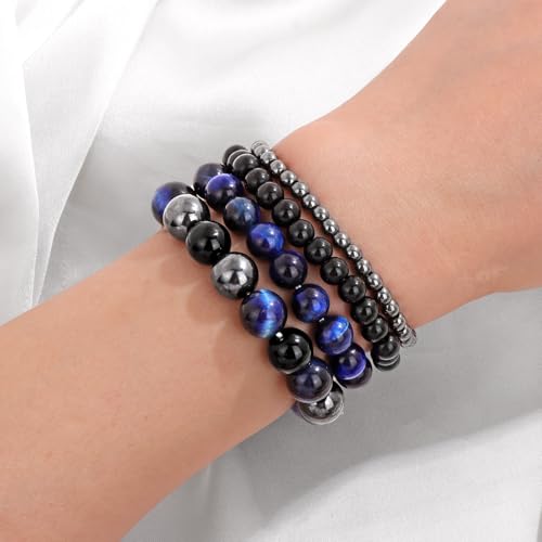 4pcs Beaded Bracelets for Women,Natural Healing Crystal Gemstones Bracelet,Anxiety Stress Relief Bracelet Handmade purple Jewelry Gifts for Women - color: lapis lazuli Tiger Eye&Black Obsidian&Hematite