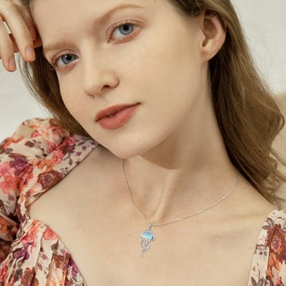 Sterling Silver Cute Animal Pendant Necklace Fox/Snake/Unicorn/Owl on Moon/Rabbit/Horse Necklace Jewelry for Women Mom Sister - style: Jellyfish