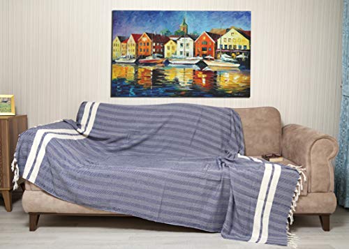Bersuse 100% Cotton Herringbone XL Throw Blanket for Couch - 100% Cotton Lightweight Durable Throw Blanket, Big Blanket for Sensitive Skin, Decorative and Versatile - 63x94 Inches, Dark Blue