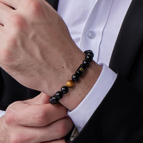 FRG Initials Bracelets for Men Letter Link Handmade Natural Black Onyx Tiger Eye Stone Beads Braided Rope Meaningful Bracelet - style: Braided rope-A