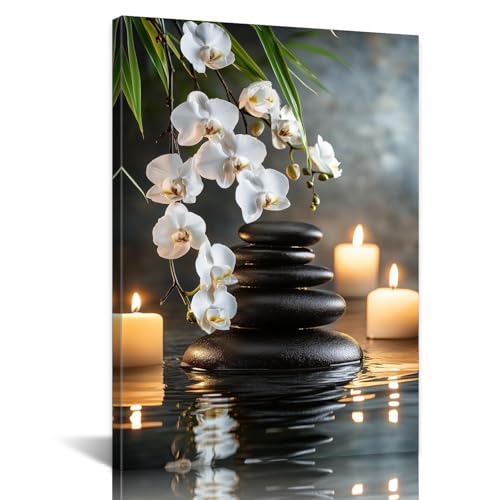 SANGGUOBIN Zen Wall Art Black Stone Green Bamboo White Frangipani Flower Canvas Meditation Still Life Prints Modern Relax Art Poster for Spa Yoga Room Bedroom Decor(Green-1,20x30inch) - color: Green-1, size: 20x30inch