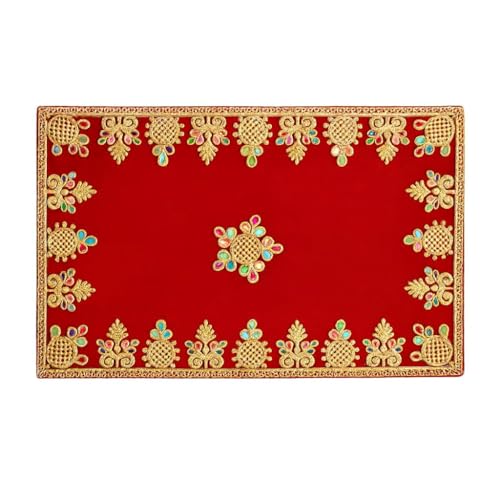 Handcrafted Velvet Puja Chowki Aasan Cloth with Rich Golden Zari Embroidery, Traditional Indian Decorative Pooja Altar Cover for Home Mandir, Temple Décor - 15x9 Inch (Red) - color: Red