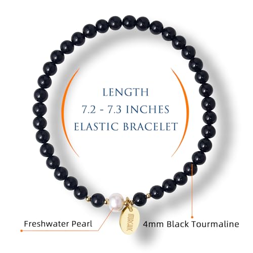 Morchic 4mm Natural Gemstone Beads Stretch Bracelet for Women, With Freshwater Pearls, Energy Gem Birthday Gift for Her 7.2” - color: Black Tourmaline