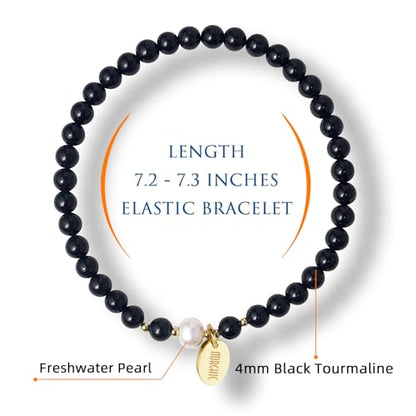 Morchic 4mm Natural Gemstone Beads Stretch Bracelet for Women, With Freshwater Pearls, Energy Gem Birthday Gift for Her 7.2” - color: Black Tourmaline