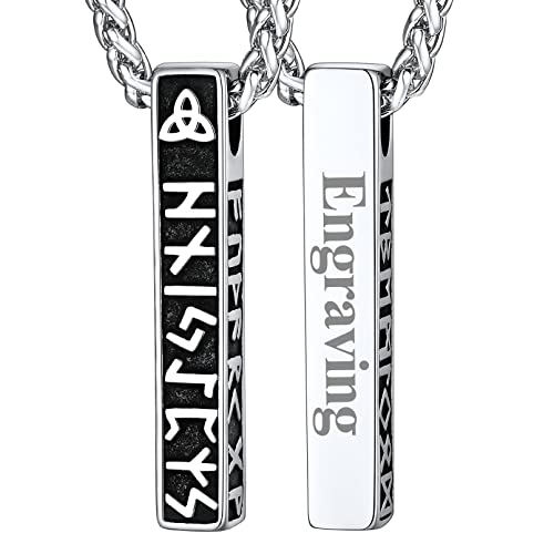 FaithHeart Norse Viking Rune Necklace with Adjustable Braided Leather/Stainless Steel Rope Chains for Men Women, Vintage Amulet Jewelry Gift with Delicate Box - color: 02. Vertical Bar-Silver (Personalized)