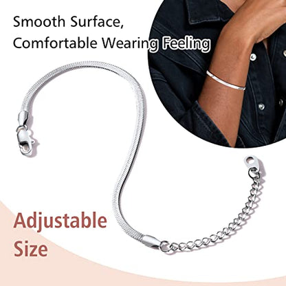 FindChic Elegant Herringbone Snake Chain Anklets/Bracelets 3MM/5MM Width Stainless Steel/18K Gold/Rose Gold Plated/Black 4 Color Options, 8.3'' 8.5'' 10.5'' Length, with Gift Box - color: B: 3mm 6.3'' bracelet (Stainless Steel)